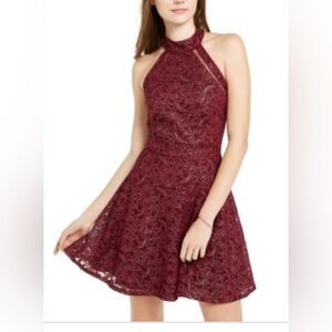 Teeze Me Size 3/4 Halter Neck Back Cut Out Fit Flare Deep Merlot Gold Foil Dress